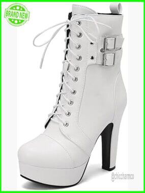 Leather Block Heel Ankle Boots Punk Studded Lace-Up Chunky Heel